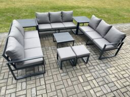 Fimous Aluminium 11 Seater Outdoor Garden Furniture Set Patio Lounge Sofa with Coffee Table 2 Side Tables 2 Small Footstools Conservatory Set - thumbnail 2