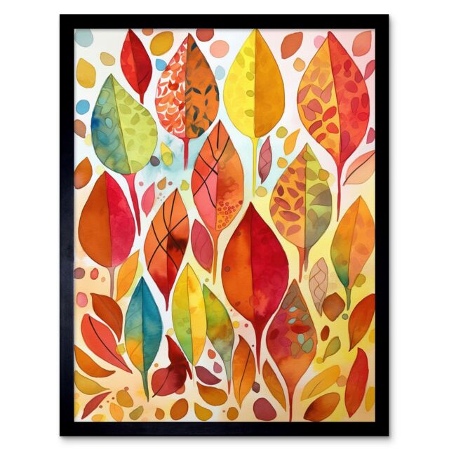 "Artery8 Wall Art Print Autumn Leaves With Multicoloured Patterns Folk Art Watercolour Painting Art Framed in Black - Size: W12"" x H16""" - image 1