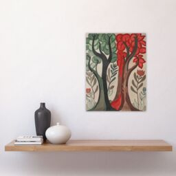 "Artery8 Two Trees Wildflower Forest Painting Folk Art Wall Art Print in Brown - Size: W12"" x H16""" - thumbnail 4