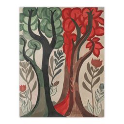 "Artery8 Two Trees Wildflower Forest Painting Folk Art Wall Art Print in Brown - Size: W12"" x H16""" - thumbnail 1