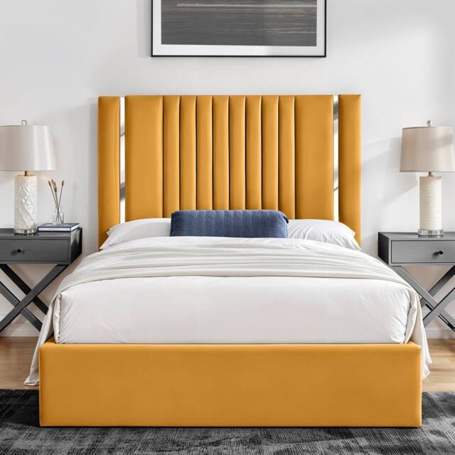UK Bed Furniture Valencia Gas Lift Storage Upholstered Bed with 48 Inch Headboard in Mustard - Size: Small Double - image 1