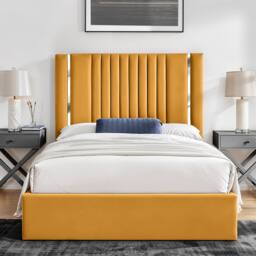 UK Bed Furniture Valencia Gas Lift Storage Upholstered Bed with 48 Inch Headboard in Mustard - Size: Small Double - thumbnail 1