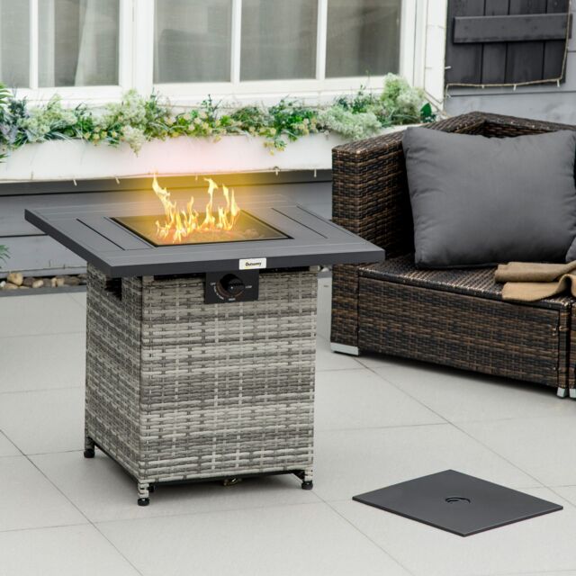 OUTSUNNY Rattan Gas Fire Pit Table with Mesh Lid & Rain Cover, Lava Stone, 40, 000 BTU in Grey - image 1