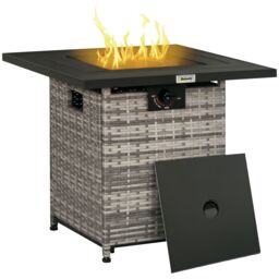 OUTSUNNY Rattan Gas Fire Pit Table with Mesh Lid & Rain Cover, Lava Stone, 40, 000 BTU in Grey - thumbnail 2