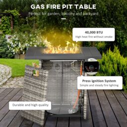 OUTSUNNY Rattan Gas Fire Pit Table with Mesh Lid & Rain Cover, Lava Stone, 40, 000 BTU in Grey - thumbnail 4