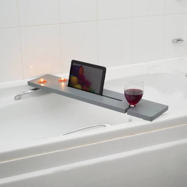 Havendro Grey Wood Bath Tub Rack Caddy Bathroom Shelf Glass Holder - image 1