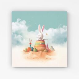 "Warren Reed - Designer White Rabbit On A Beach Holiday Canvas in Yellow - Size: W30"" x H30""" - thumbnail 1