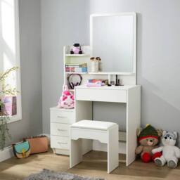 FORGEVIO 4 Drawer Dressing Table Vanity Desk With Mirror Cushioned Stool in White - thumbnail 3