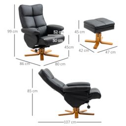 HOMCOM Recliner Chair & Footstool PU Leather Wooden Base in Black - thumbnail 3