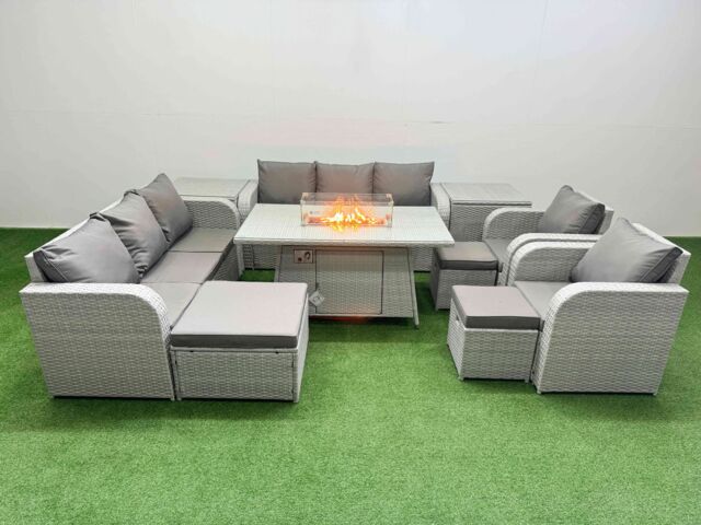 Fimous PE Rattan High Back Lounge Sofa Set Patio Firepit Dining Table & Chairs Set with 3 Seater Sofa Reclining Chair 3 Stools 2 Side Table Light Grey - image 1