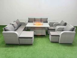 Fimous PE Rattan High Back Lounge Sofa Set Patio Firepit Dining Table & Chairs Set with 3 Seater Sofa Reclining Chair 3 Stools 2 Side Table Light Grey - thumbnail 2