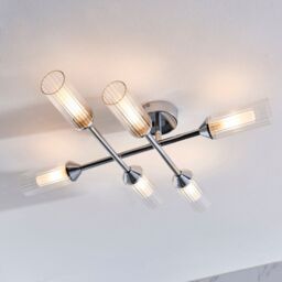 Loops Chrome Semi Flush Bathroom Ceiling Light - Ribbed & Frosted Glass - 6 Bulb in Clear - thumbnail 3