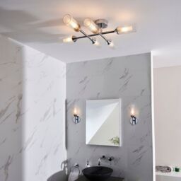 Loops Chrome Semi Flush Bathroom Ceiling Light - Ribbed & Frosted Glass - 6 Bulb in Clear - thumbnail 4