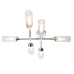 Loops Chrome Semi Flush Bathroom Ceiling Light - Ribbed & Frosted Glass - 6 Bulb in Clear - thumbnail 1