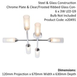 Loops Chrome Semi Flush Bathroom Ceiling Light - Ribbed & Frosted Glass - 6 Bulb in Clear - thumbnail 2