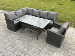Fimous Outdoor Rattan Garden Furniture Corner Sofa Set with Rectangular Dining Table Armchair Patio Wicker Rattan Set in Dark Grey - thumbnail 2
