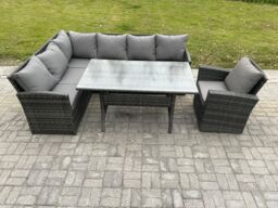Fimous Outdoor Rattan Garden Furniture Corner Sofa Set with Rectangular Dining Table Armchair Patio Wicker Rattan Set in Dark Grey - thumbnail 1