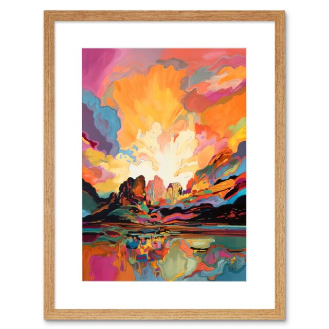 "Artery8 Wall Art Print Atmospheric Sunset Clouds Vibrant Colour Lakescape Modern Watercolour Painting Artwork Framed 9X7 Inch - Size: W7"" x H9""" - image 1