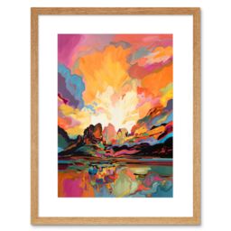 "Artery8 Wall Art Print Atmospheric Sunset Clouds Vibrant Colour Lakescape Modern Watercolour Painting Artwork Framed 9X7 Inch - Size: W7"" x H9""" - thumbnail 1