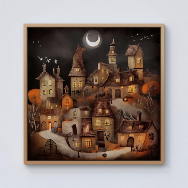 Warren Reed - Designer Spooky Halloween Village Framed Canvas in Light Brown - Size: w40 inch x h40 inch - image 1