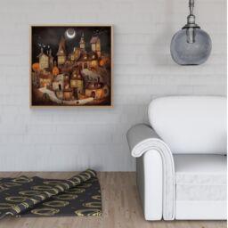 Warren Reed - Designer Spooky Halloween Village Framed Canvas in Light Brown - Size: w40 inch x h40 inch - thumbnail 2