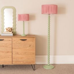 ValueLights Bobbins Sage Green Floor Lamp with Ruched Pleated Drum Lamp Shade & LED Bulb in Pale Pink - thumbnail 5