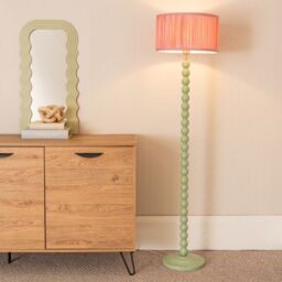 ValueLights Bobbins Sage Green Floor Lamp with Ruched Pleated Drum Lamp Shade & LED Bulb in Pale Pink