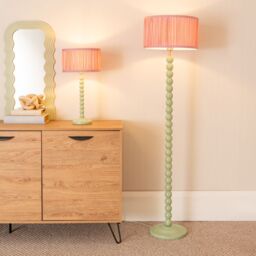ValueLights Bobbins Sage Green Floor Lamp with Ruched Pleated Drum Lamp Shade & LED Bulb in Pale Pink - thumbnail 4