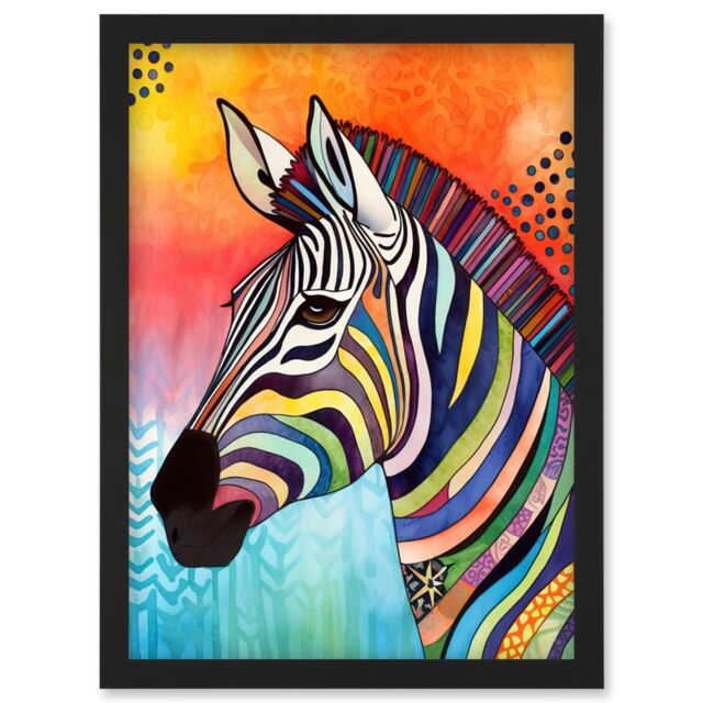 Artery8 Zebra Folk Art Bright Multicoloured Artwork Framed Wall Art Print A4 in Black - image 1