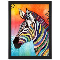 Artery8 Zebra Folk Art Bright Multicoloured Artwork Framed Wall Art Print A4 in Black - thumbnail 1