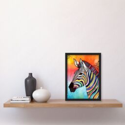Artery8 Zebra Folk Art Bright Multicoloured Artwork Framed Wall Art Print A4 in Black - thumbnail 2
