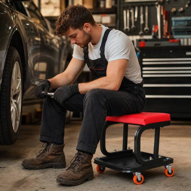 STILVORA Workshop Stool with Wheels & Tool Tray in Red - image 1