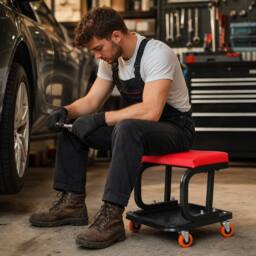 STILVORA Workshop Stool with Wheels & Tool Tray in Red