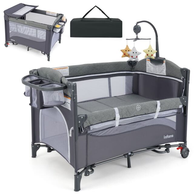 Gymax 6-in-1 Baby Travel Cot Folding Playpen With Changing Table Carry Bag in Dark Navy - image 1