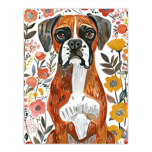 "Artery8 Boxer Dog Lover Watercolour Floral Portrait Wall Art Print - Size: W24"" x H32""" - image 1