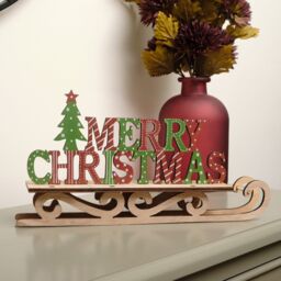 Melody Maison Rustic Wooden Green & Red Merry Christmas Sleigh Sign - thumbnail 1