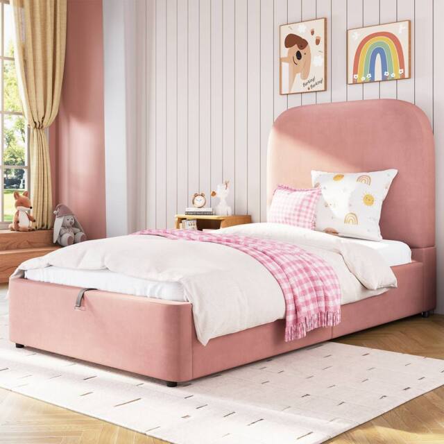 Merax Single Upholstered Ottoman Storage Bed Frame with Rounded Headboard in Pink - image 1