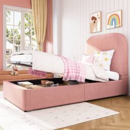 Merax Single Upholstered Ottoman Storage Bed Frame with Rounded Headboard in Pink - thumbnail 2