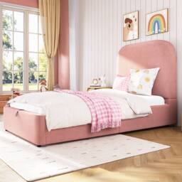 Merax Single Upholstered Ottoman Storage Bed Frame with Rounded Headboard in Pink - thumbnail 3