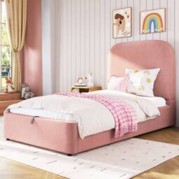 Merax Single Upholstered Ottoman Storage Bed Frame with Rounded Headboard in Pink