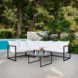 Home Detail Marbella Black Garden Corner Set with Ivory Cushions