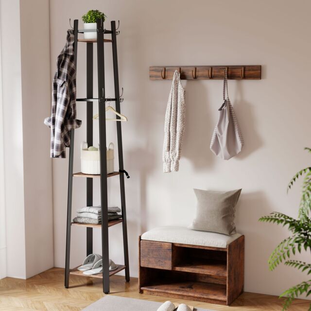 HOMCOM Industrial Coat Stand with 4 Storage Shelves & 8 Hooks in Brown - image 1