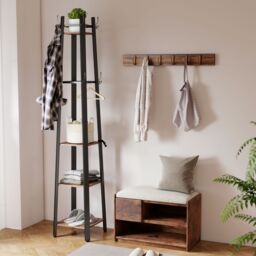 HOMCOM Industrial Coat Stand with 4 Storage Shelves & 8 Hooks in Brown - thumbnail 1