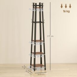 HOMCOM Industrial Coat Stand with 4 Storage Shelves & 8 Hooks in Brown - thumbnail 3