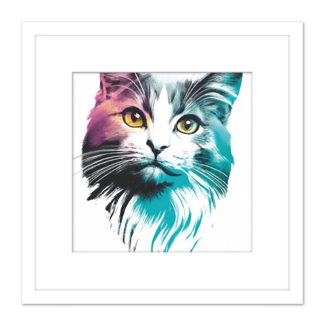 Artery8 Cat Head Colourful Watercolour & Ink Teal Pink Orange Illustration Square Wooden Framed Wall Art Print Picture 8X8 Inch in White - image 1