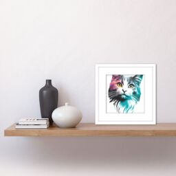 Artery8 Cat Head Colourful Watercolour & Ink Teal Pink Orange Illustration Square Wooden Framed Wall Art Print Picture 8X8 Inch in White - thumbnail 2