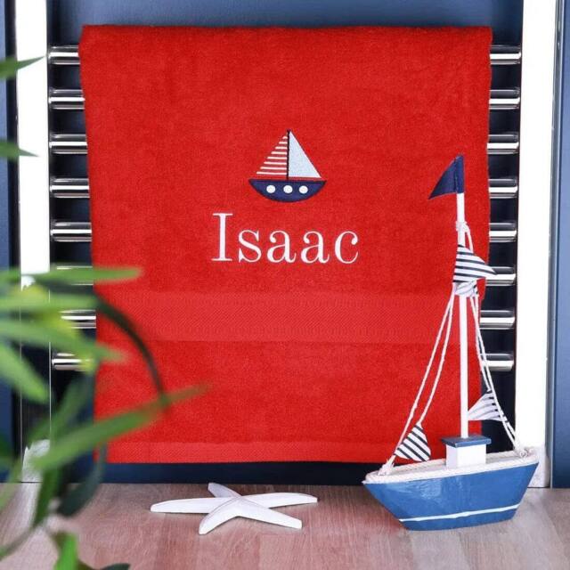 Duncan Stewart Kid's Personalised Sailing Boat Bath Towel in Red - image 1