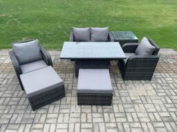 Fimous Rattan Outdoor Furniture Garden Dining Sets Patio Height Adjustable Rising lifting Table Love Sofa Chair Set in Dark Grey - thumbnail 2