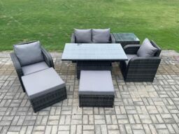 Fimous Rattan Outdoor Furniture Garden Dining Sets Patio Height Adjustable Rising lifting Table Love Sofa Chair Set in Dark Grey - thumbnail 1