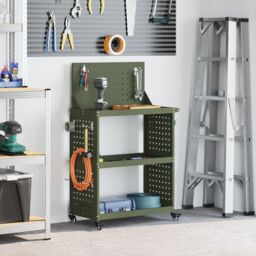Berkfield Home Tool Trolley Olive green 65 x 35 x 111 cm Powder-coated steel - thumbnail 1